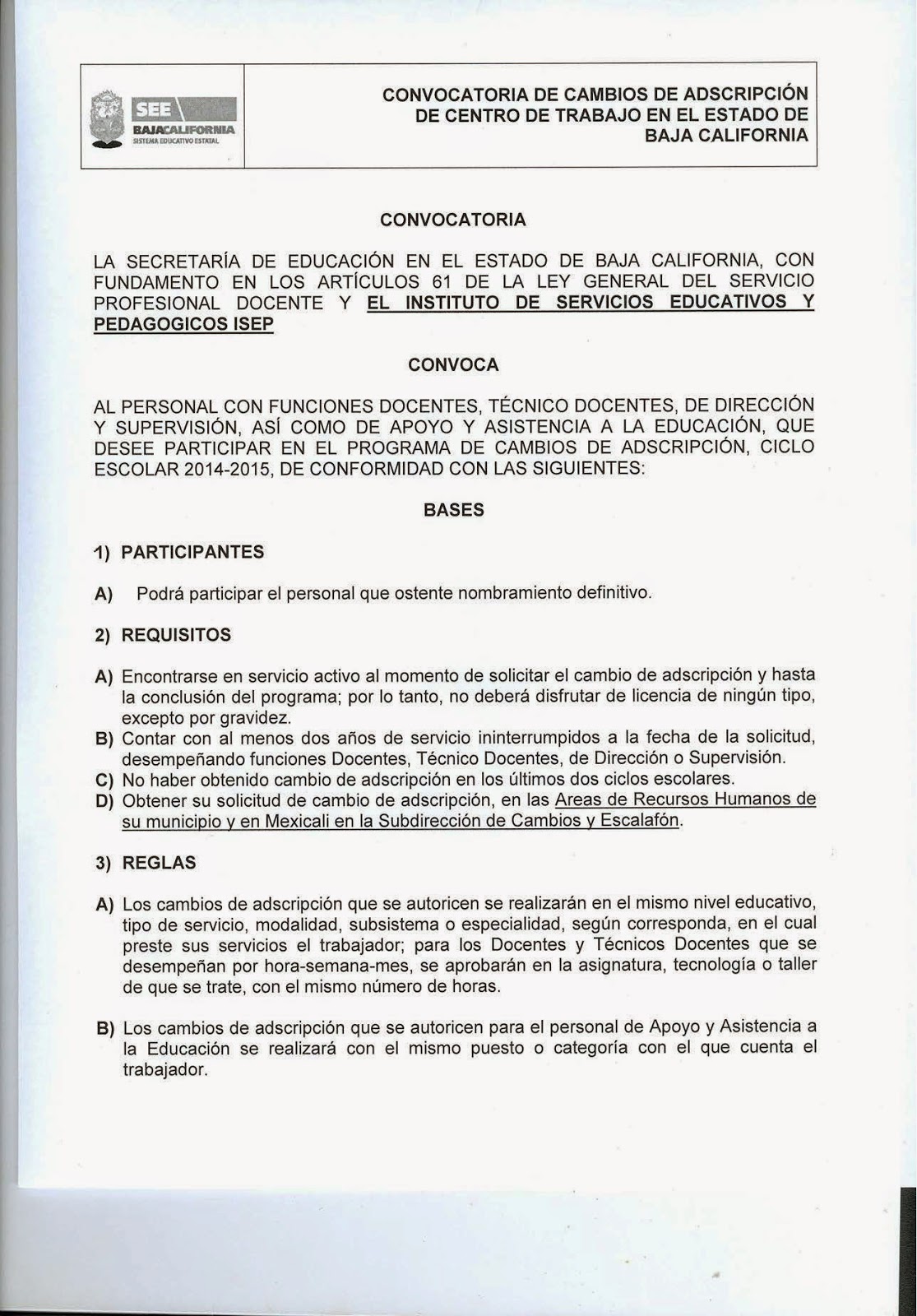 Supervisión Zona 24 Convocatoria para cambios de