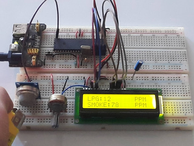 MQ-2 Gas Sensor with ATmega32 and LCD on breadboard