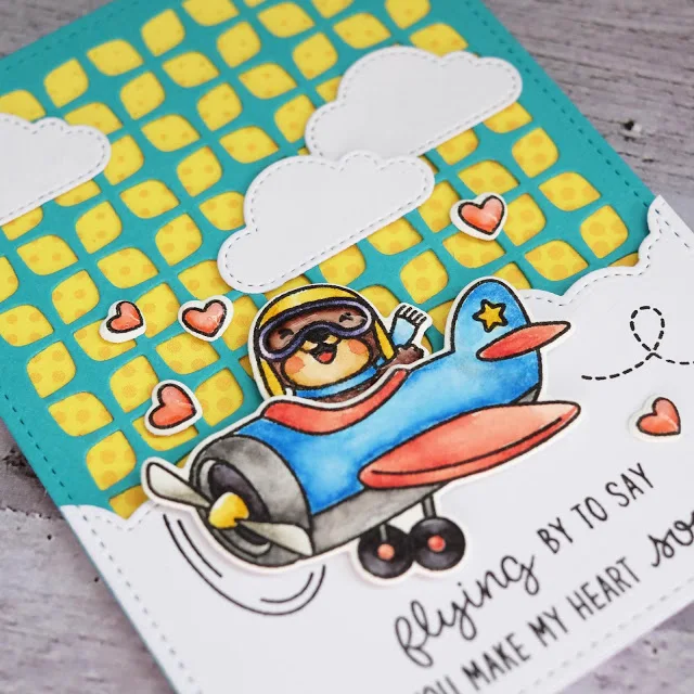 Sunny Studio Stamps: Frilly Frames Retro Petals Dies, Plane Awesome & Fluffy Clouds Dies Love Themed Airplane Card by Lexa Levana