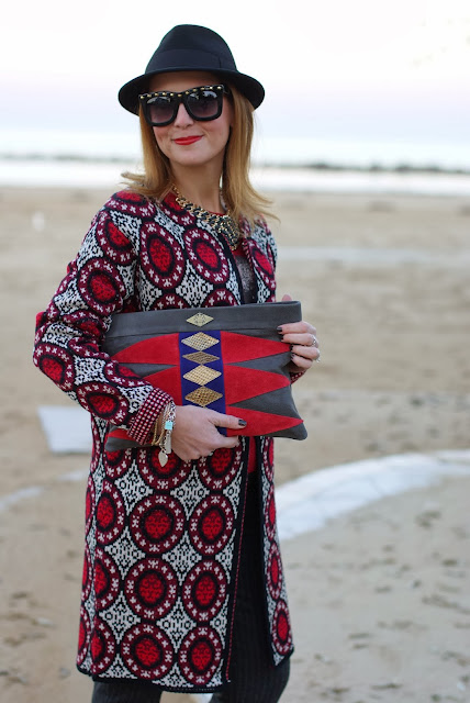 Mohekann Navajo clutch, squirrel sweater, pinstripe pants, Fashion and Cookies, fashion blogger