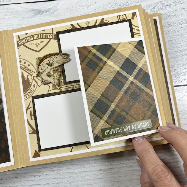 Wild and Strong Scrapbook Album page with a bass fish, plaid print, and photo mats for fishing photos