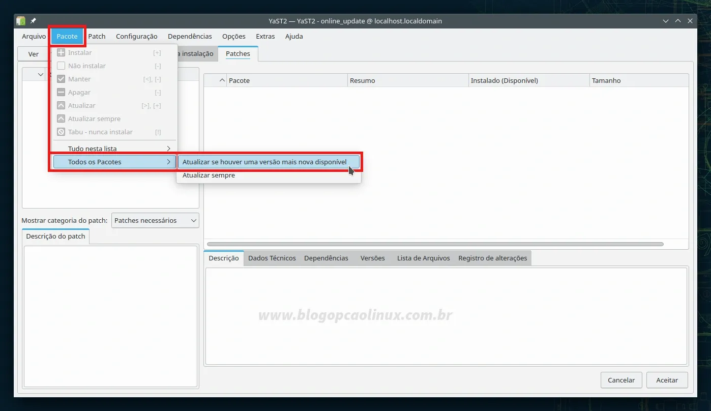 Clique em 'Pacote', vá em 'Todos os Pacotes' e clique na opção 'Atualizar se houver uma versão mais nova disponível'