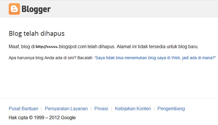 Pemberitahuan penghapusan Blog Blogger