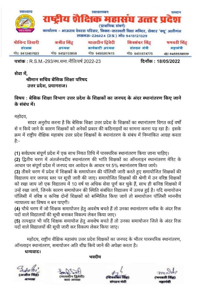 बेसिक शिक्षा परिषद उत्तर प्रदेश के शिक्षकों का जनपद के अंदर स्थानान्तरण किए जाने के संबंध में सचिव बेसिक शिक्षा परिषद को ज्ञापन