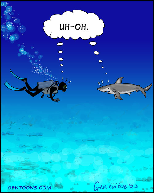 underwater, the vase blue ocean. a lone diver meets a lone shark. both think, "uh-oh!"