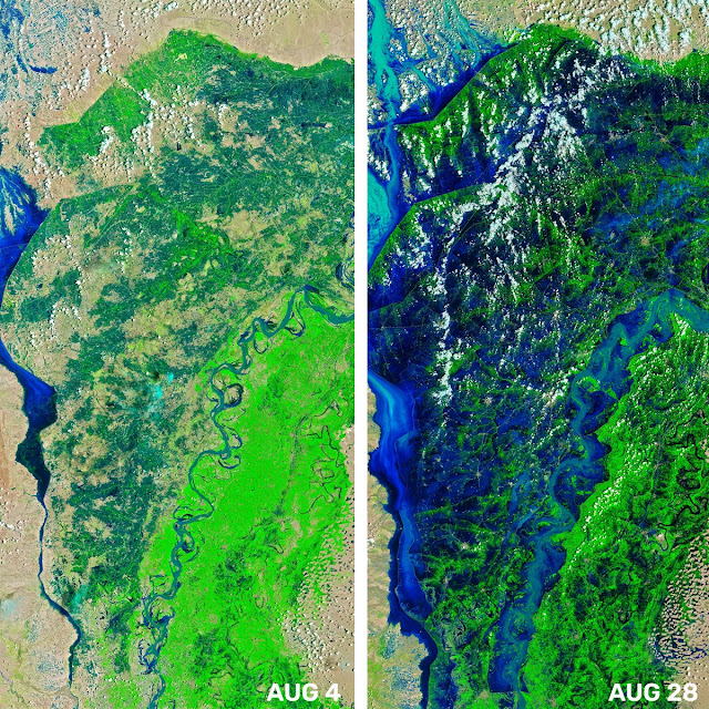 Dos imágenes satelitales una al lado de la otra que demuestran las inmensas inundaciones en Pakistán