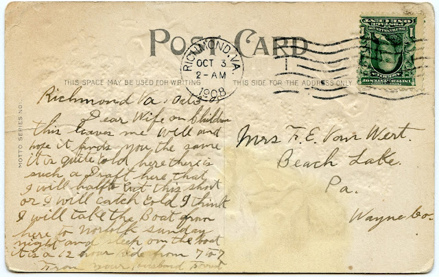 Back of the postcard including Forrest Van Wert's handwriting