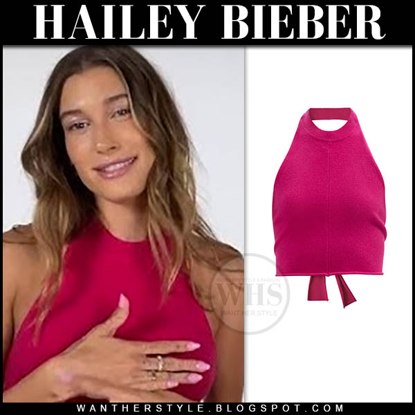 Hailey Bieber in pink halterneck top