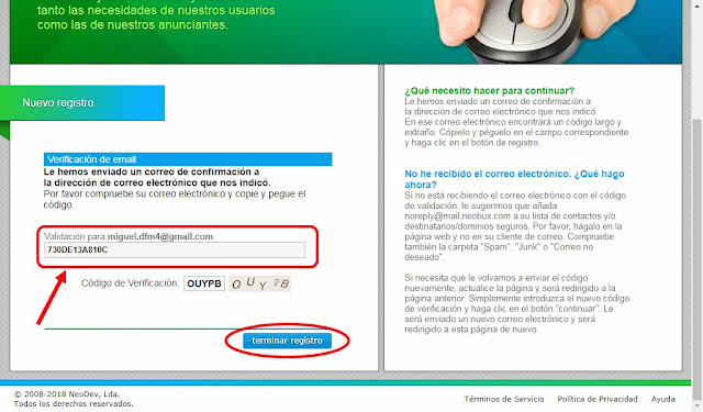 Copiar y pegar código de validación del correo.