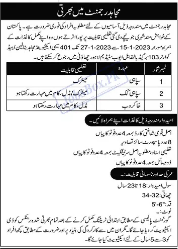 Pak Army Mujahid Force Jobs 2023 Solider - Latest Advertisement