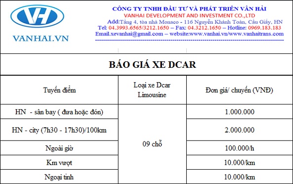 Bảng giá cho thuê xe Dcar Limousine 9 chỗ của Vân Hải