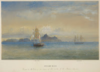 A painting showing Tagus and Briton with Pitcairn in the background