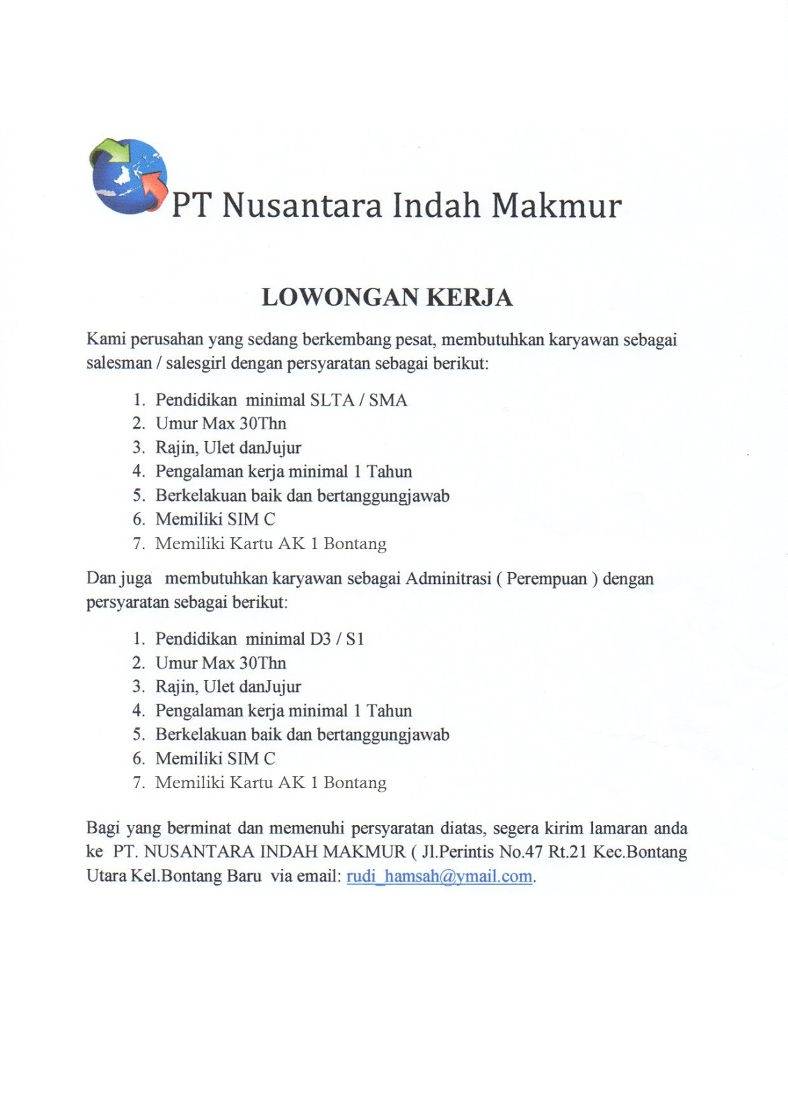 Lowongan Kerja Bontang : PT. NUSANTARA INDAH MAKMUR