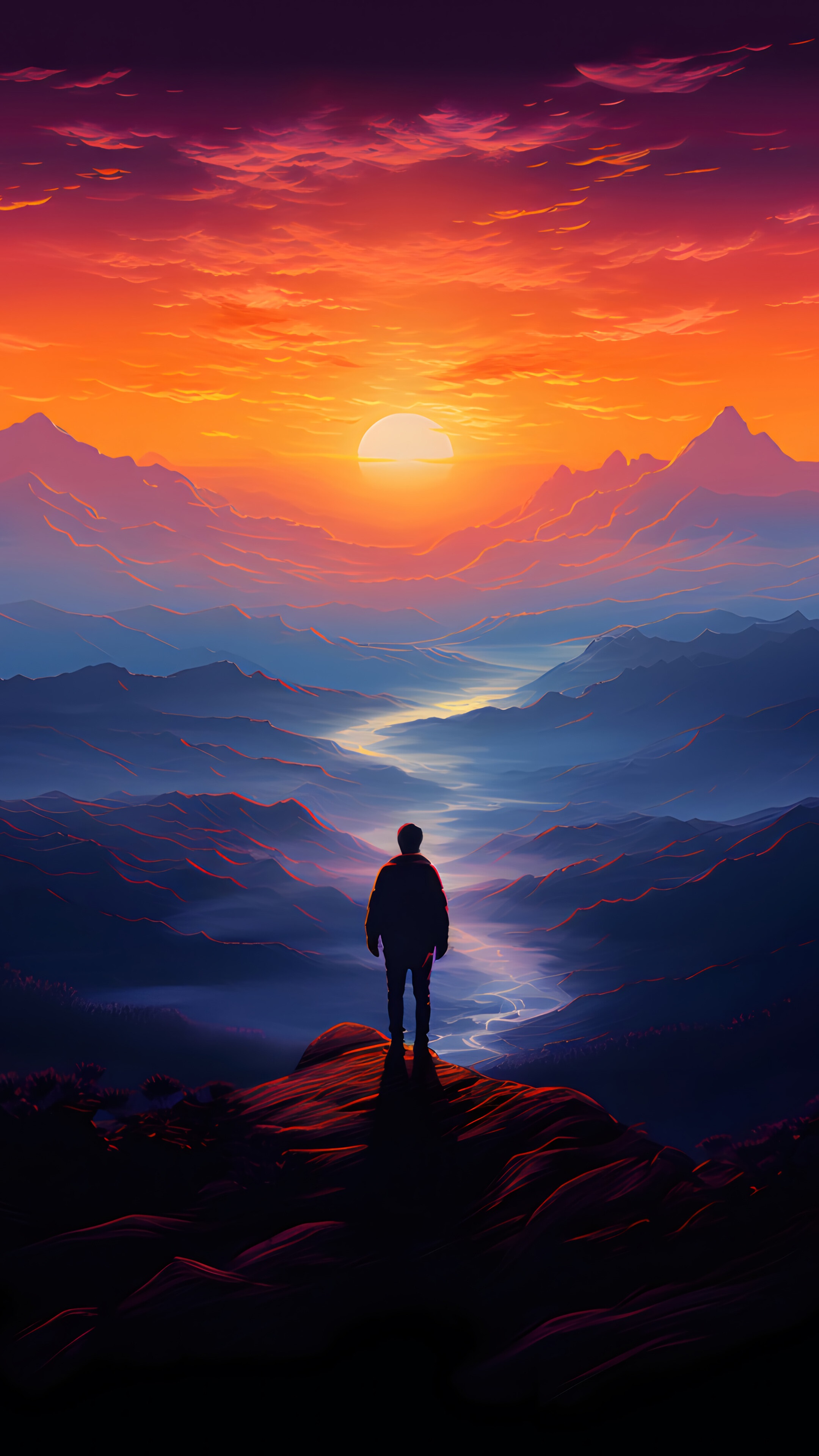 Sunset Horizon Standing Alone Mountains Scenery 4K Android Mobile Phone