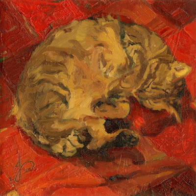 Tabby Cat Impasto Impressionist Oil Painting by Jacqueline Gomez in Red and Brown