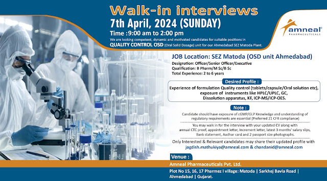 Amneal Pharma Walk-in Interview For Quality Control Department