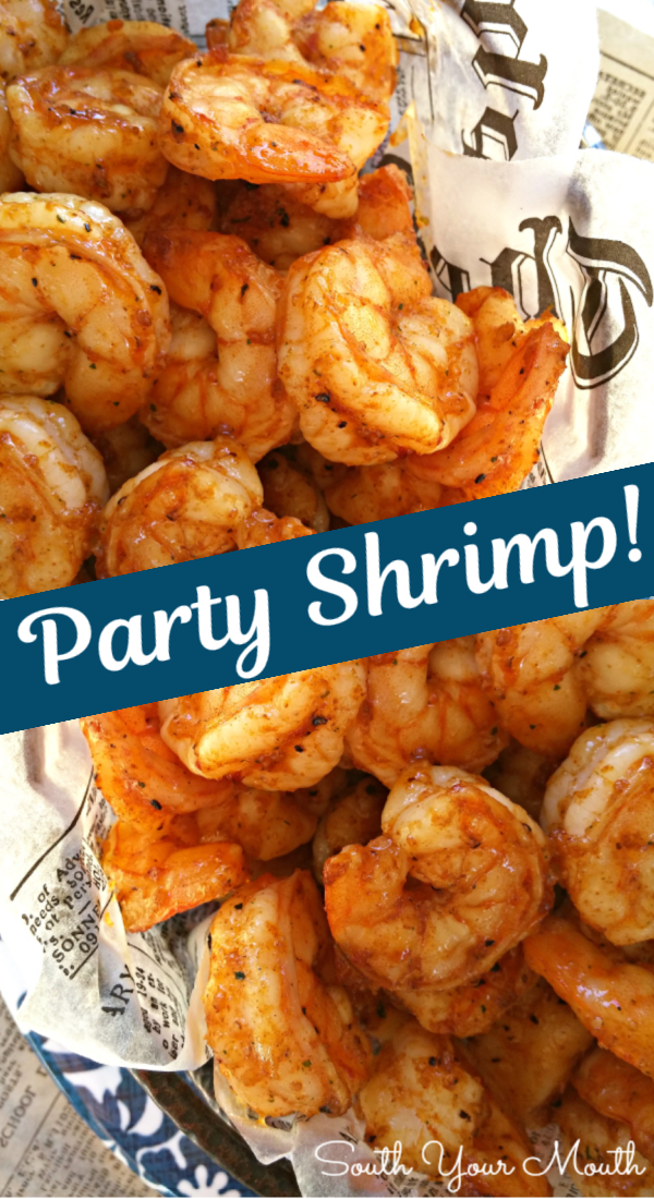 Party Shrimp! A super quick and easy shrimp appetizer recipe with just a few ingredients that cooks in one big batch under the oven broiler perfect for entertaining!