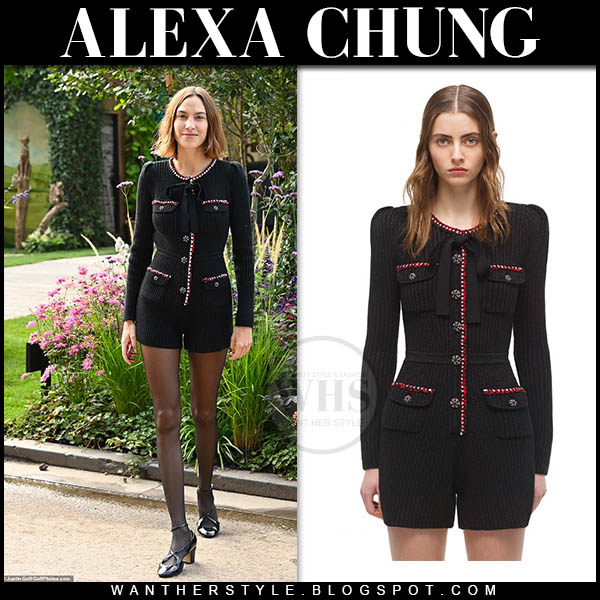 Alexa Chung in black knitted bow tie playsuit