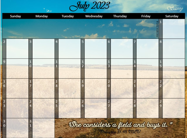 An open field with a blue sky overhead makes the background of this July 2023 calendar