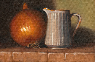 Oil painting of a brown onion beside a small white ceramic fluted jug.