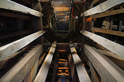 View looking up to top of dome, including many vertical beams and a ladder.