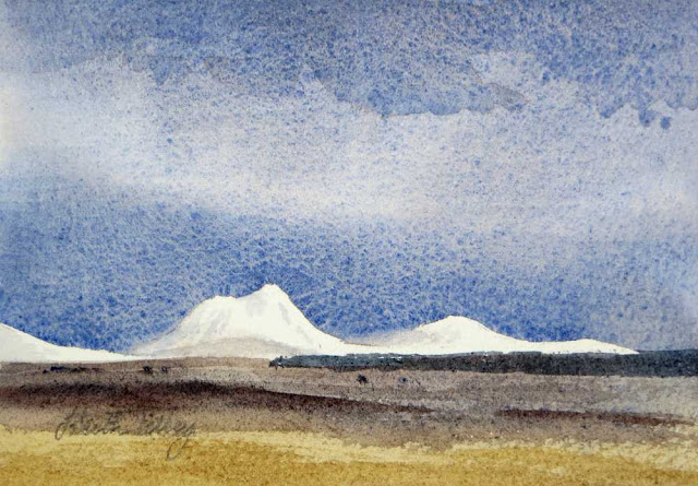Snow on Morven, a mountain in Caithness, Scotland. Original watercolour.