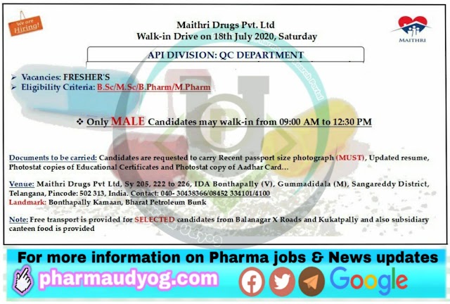 Maithri Drugs | Walk-in for Freshers at Hyderabad on 18 July 2020