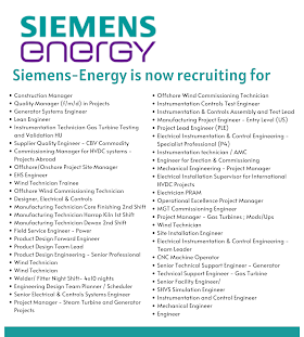Siemens-Energy is now recruiting for below positions 
