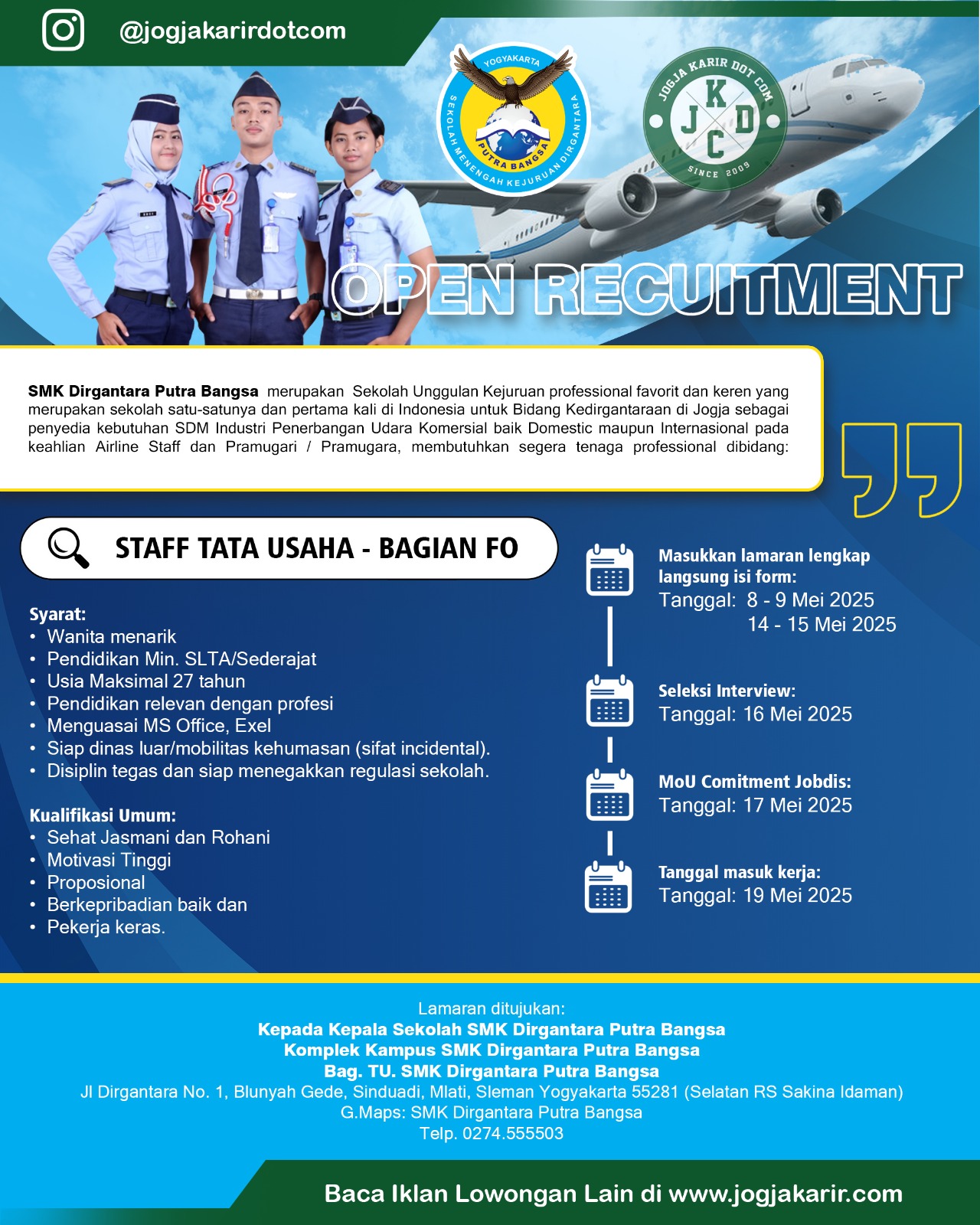 Loker Sleman Terbaru Staff Bagian FO di SMK Dirgantara Putra Bangsa