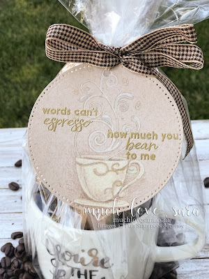 Coffee themed gift with a handmade gift tag, created with the Espresso Swirls ATS Stamp Set, available from Fun Stampers Journey EXCLUSIVELY as a Bloom Benefit - spend $75 or more on any FSJ products, and choose this stamp set as a free bonus!  Tag features no line coloring technique on kraft Oatmeal Cookie card stock.