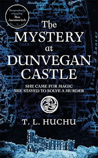 Cover for book "The Mystery at Dunvegan Castle" by TL Huchu. Drawn in white against a background of black and dark blue, a line drawing of a castle, with lit windows. Above, fragments of a map around the edges of the cover. Under the title, the strapkine "She came for magic. She stayed to solve a murder."