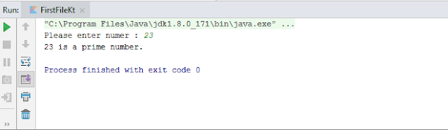 Kotlin program to check number is prime or not using for loop - output