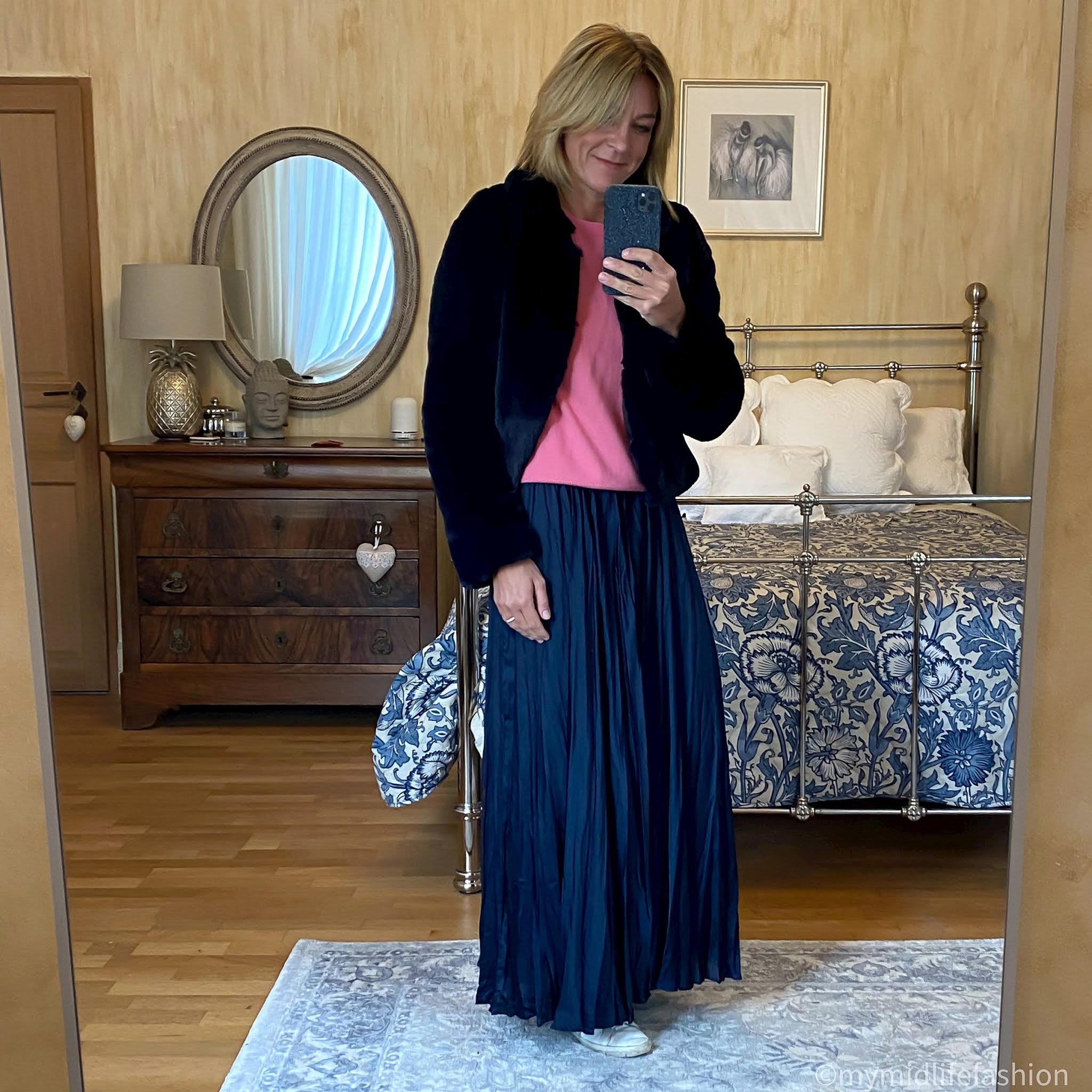 my midlife fashion, Helen Moore collar jacket, marks and Spencer pure cashmere round neck jumper, zara satin maxi skirt, golden goose superstar low top leather trainers