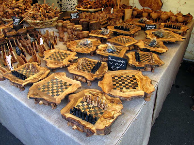 Olive wood chess boards, food market, Livorno