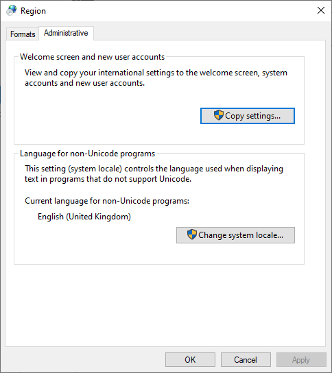Windows Region Administrative settings