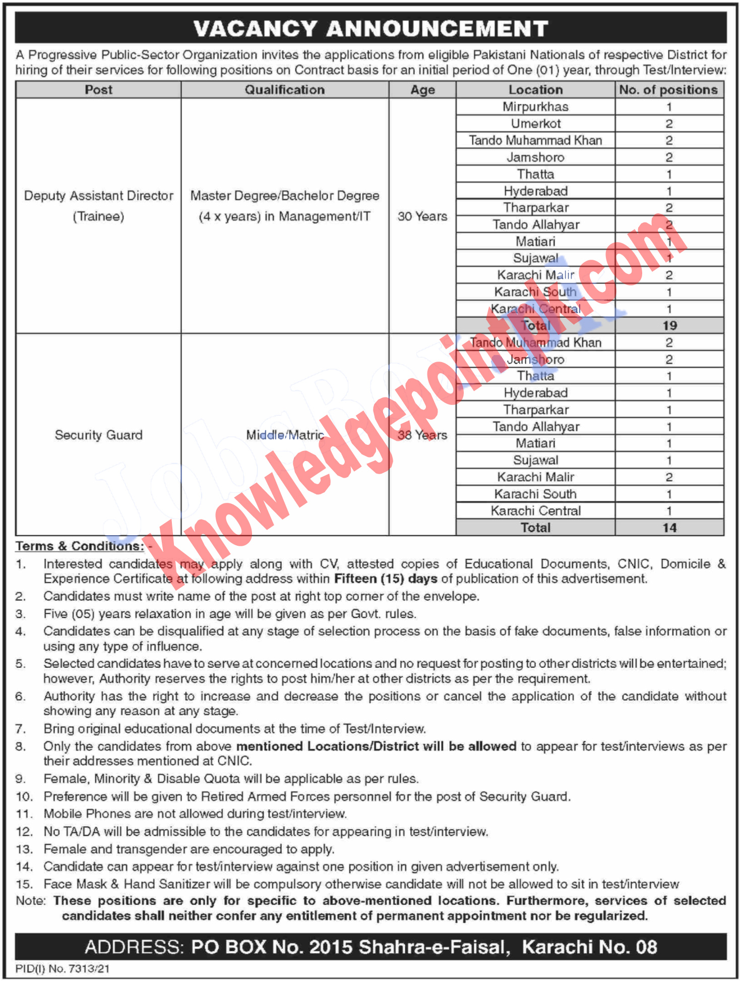 Public Sector Organization PO Box 2015 Karachi April Jobs 2022 April Advertisement