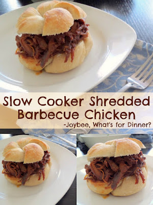 Slow Cooker Shredded Barbecue Chicken:  A very simple and delicious recipe with only 2 ingredients, cooked in a slow cooker.  Great for parties, gameday, or weeknight dinners.