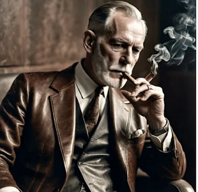 Sigmund Freud wearing a medium color brown leather blazer and smoking a cigar from the waist up sitting
