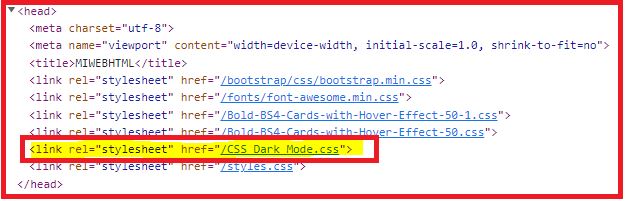 place dark mode css between tag <head </head>