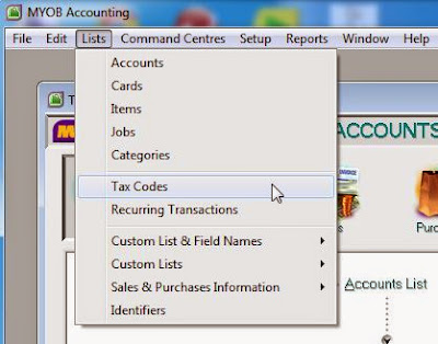 MYOB Open tax codes list