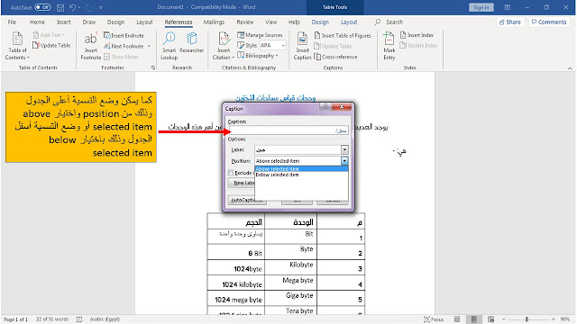 إدراج التسميات التوضيحية  caption للجداول والأشكال في برنامج الوورد Microsoft word