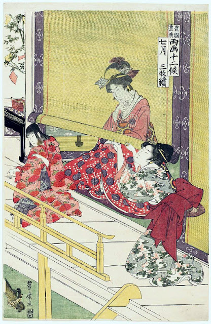 Ukiyo-e. Träsnitt. Triptyk. Twelve Months by Two Artists, Toyokuni and Toyohiro.