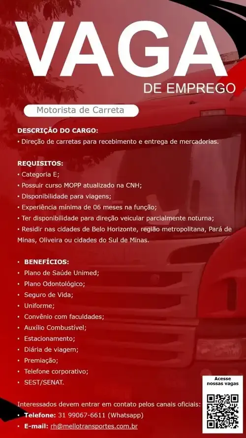 Anúncio de vagas para motoristas Mello Transportes