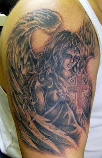 Black ink Tattoo of Angel with Cross on Arms
