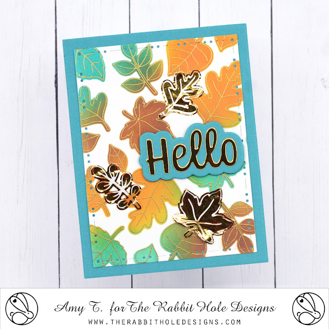 Falling Leaves Stamp illustrated by Agota Pop, Falling Leaves coordinating dies, stencil, and hot foil plates, Hello - Scripty Word with Shadow Layer Dies, You've Been Framed - Layering Dies by The Rabbit Hole Designs #therabbitholedesignsllc #therabbitholedesigns #trhd