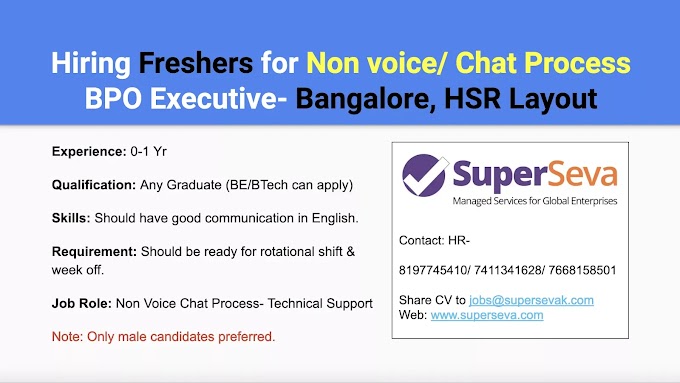 Hiring Freshers for Non Voice/ Chat Process- Technical Support Executive in HSR Layout, Bangalore. BE/B.Tech below 60% or any graduate fresher can apply. Salary INR 2.4LPA.