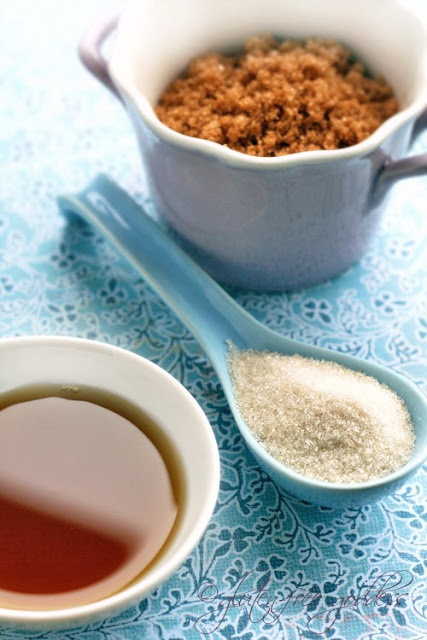  Three alternatives to refined white sugar in vegan baking: raw agave nectar, organic brown sugar crystals and unrefined organic cane sugar