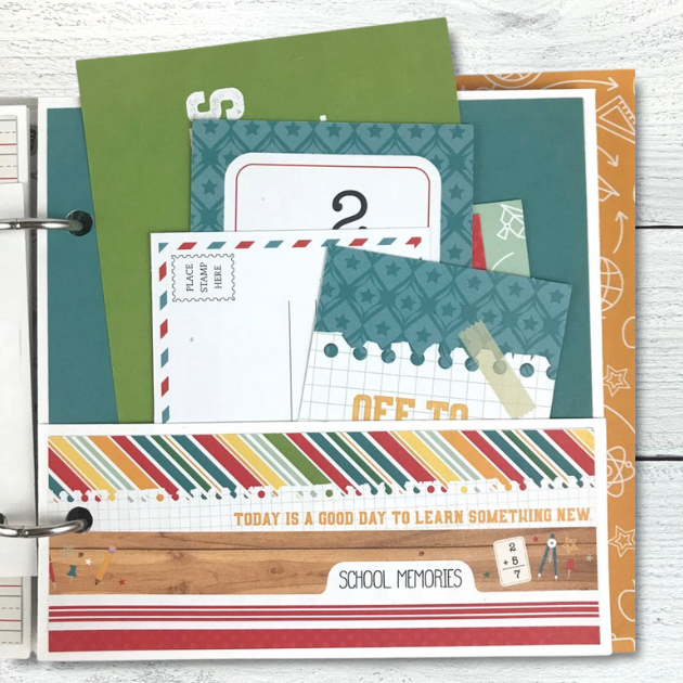 School Memories scrapbook album page with a pocket and fun journaling cards