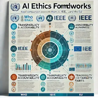 Comparison chart of WHO, IEEE, and EU AI ethics frameworks, showing key principles