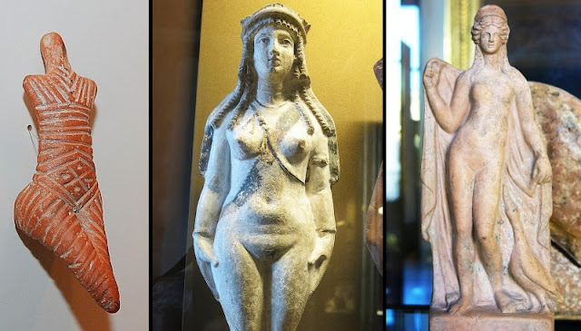 Neolithic Venus figurine (left), Isis-Aphrodite (middle), Greek Aphrodite (right). 